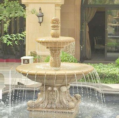 廠家直銷黃銹石石雕噴泉流水水缽石材盆，疊跌水盆直徑2.5-2.8米，打造精美假山水景